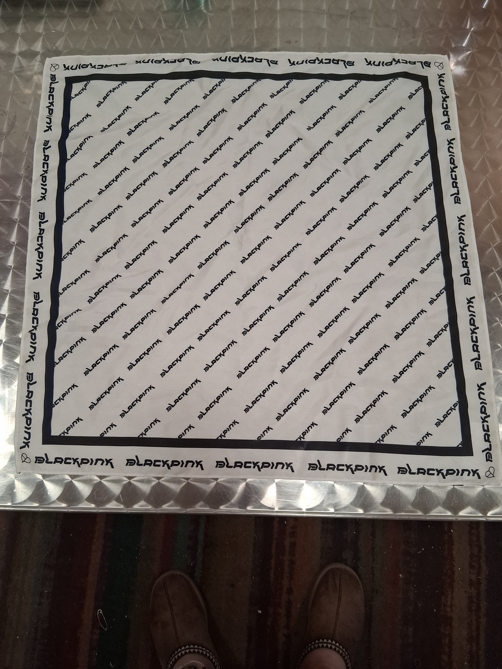 Blackpink White Logo-Print Square Scarf with Gray Trim